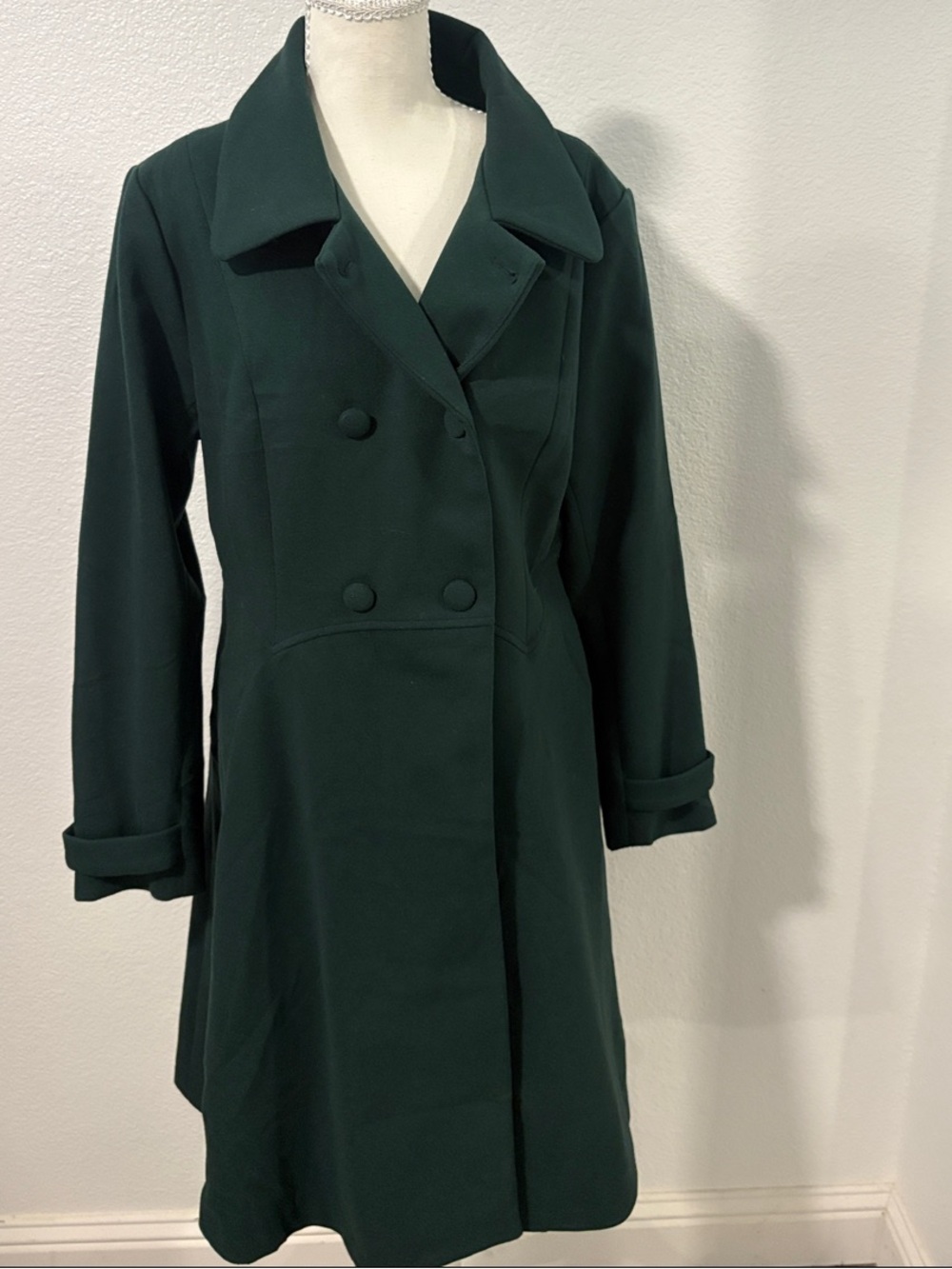 Source Unknown Forest Green Double-Breasted Long Sleeve Dress Coat